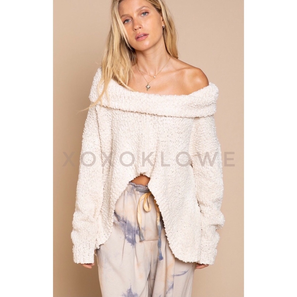 LAST ONE POL Cream Draped Cowl Neck Sweater Popcorn Knit Relaxed Fit - Picture 8 of 12